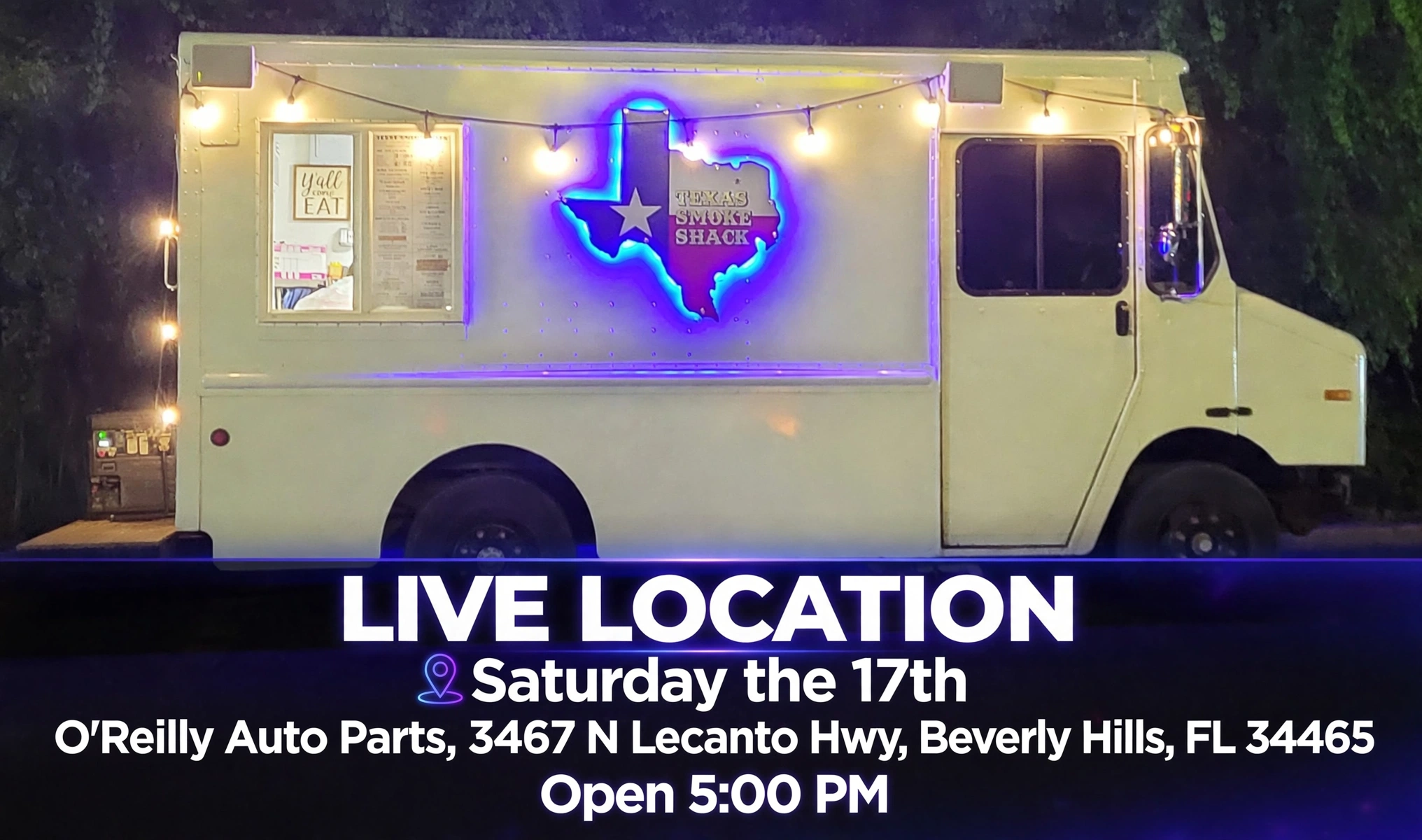 Live location Friday the 16th: O'Reilly Auto Parts, 3467 N Lecanto Hwy, Beverly Hills, FL 34465. Open 5:30 PM to 10:00 PM.